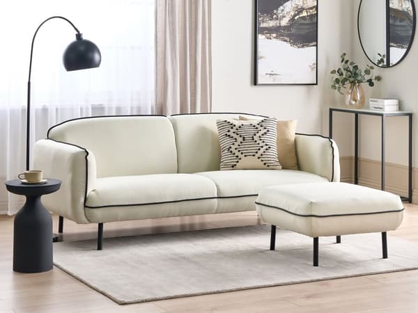 Sofa med fotskammel Lys beige Stoff 3-seter Metallben Dekorative kanter i svart Retro og glamorøs stil Stue
