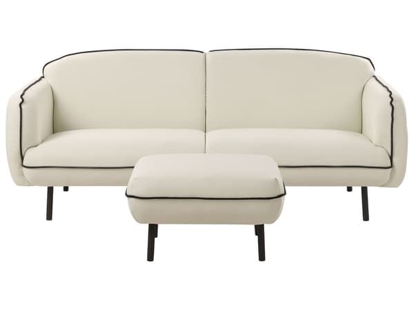 Sofa med fotskammel Lys beige Stoff 3-seter Metallben Dekorative kanter i svart Retro og glamorøs stil Stue