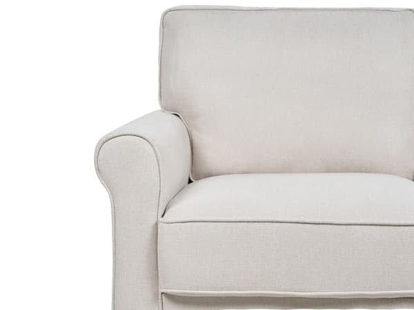 Sohva vaaleanbeige kangas verhoiltu puujalat kolmelle hengelle perinteinen retro tyyli