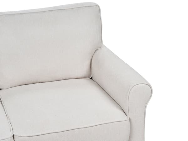 Sohva vaaleanbeige kangas verhoiltu puujalat kolmelle hengelle perinteinen retro tyyli