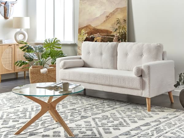 Soffa Off-White Tygklädsel 2-sits Knapptuftad med Två Kuddar Retro Traditionell Stil