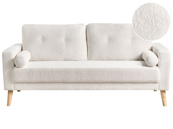 Sofa Off-white Teddystoff 2-seter Dekorative knapper Ekstra puter med avtakbare trekk Ben i lyst tre Retro design Stue