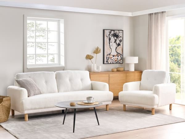 Sofa Hvit Boucle Stoff 3-seters Loveseat Retro Minimalistisk Stuemøbler
