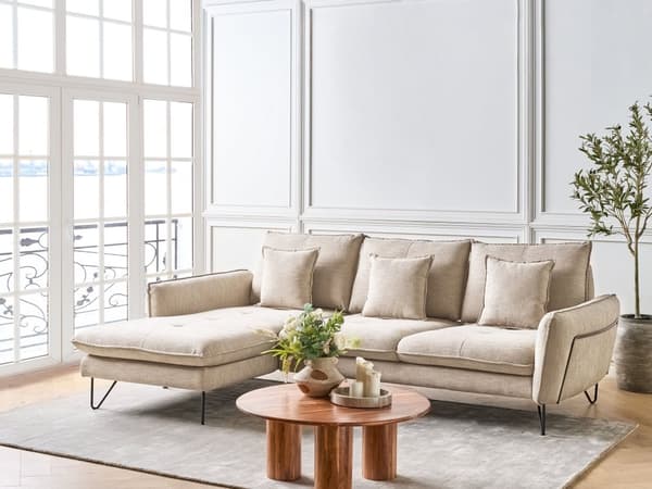 Hjørnesofa med Chaiselong Beige Chenille 3 Personers Sofa L Formet Dyb Sofahjørne Siddemøbel Blød Stofsofa Højrevendt