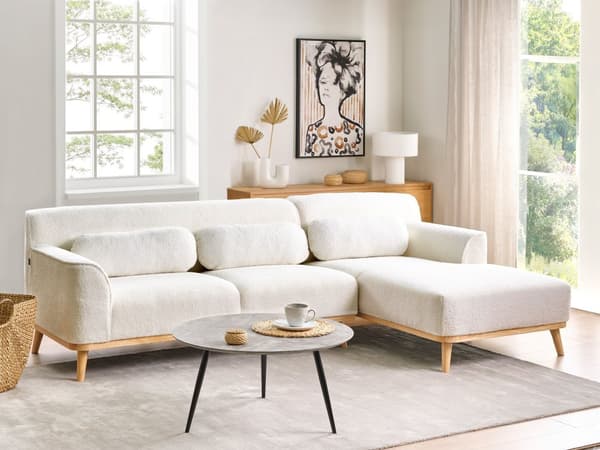 Hjørnesofa med Chaiselong Hvid Boucle 3 Personers Sofa L Formet Dyb Sofahjørne Siddemøbel Blød Stofsofa Venstrevendt