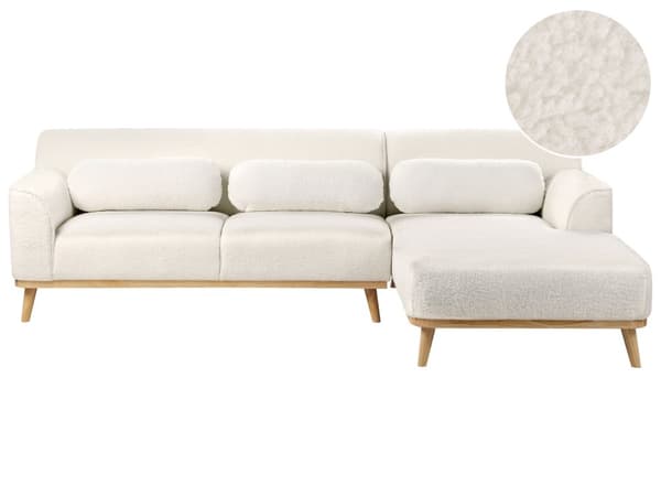 Hjørnesofa med Chaiselong Hvid Boucle 3 Personers Sofa L Formet Dyb Sofahjørne Siddemøbel Blød Stofsofa Venstrevendt