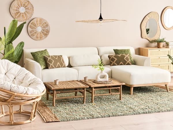 Hjørnesofa med Chaiselong Off White Polyester 3 Personers Sofa L Formet Dyb Sofahjørne Siddemøbel Blød Stofsofa Venstrevendt