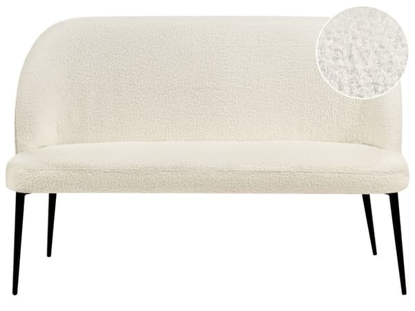 Sohva vaaleanbeige bukleekangas verhoiltu puu metallijalat kahdelle hengelle keittiön minimalistinen moderni tyyli