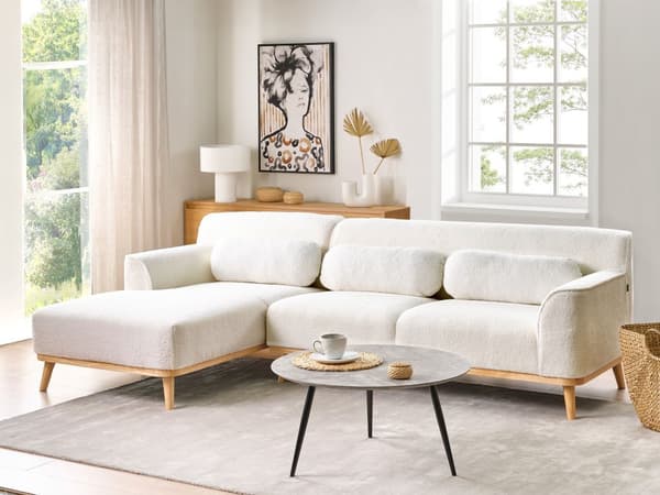 Høyre Hjørnesofa Hvit Boucle Polstret Rygg med Trebein Moderne Stil Design
