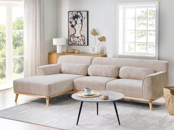 Höger Hörnsoffa 3-sits Beige Chenille Stoppad Tuftat Ryggstöd Träben Modern Stil Vardagsrum