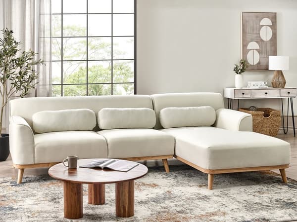 Vänster Hörnsoffa 3-sits Off-White Tyg Stoppad Tuftat Ryggstöd Träben Modern Stil Vardagsrum