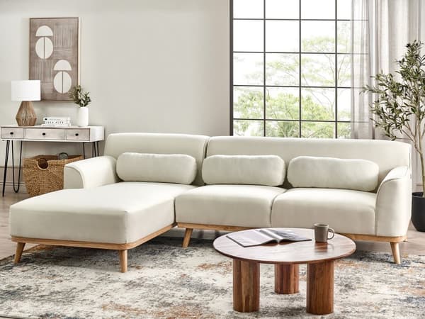 Höger Hörnsoffa 3-sits Off-White Tyg Stoppad Tuftat Ryggstöd Träben Modern Stil Vardagsrum