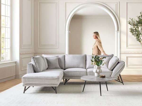 Hjørnesofa i lysegrått lin med 3 seter Designer myk, klassisk L-formet sofa med sjeselong til stuen Sofa i stoff av høy kvalitet