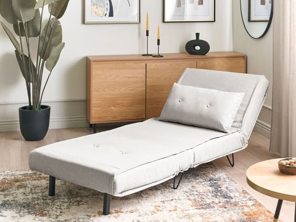 Liten Sovesofa Lys Grå Stoff 1 Seter Sammenleggbar Sovesofa Armløs Med Pute Metall Svarte Ben Glamour