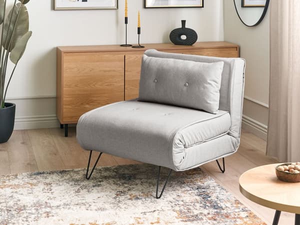 Liten Sovesofa Lys Grå Stoff 1 Seter Sammenleggbar Sovesofa Armløs Med Pute Metall Svarte Ben Glamour