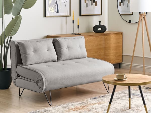 Sovesofa Lys Grå Stoff 2 Seter Sammenleggbar Sovesofa Armløs Med Pute Metall Svarte Ben Glamour