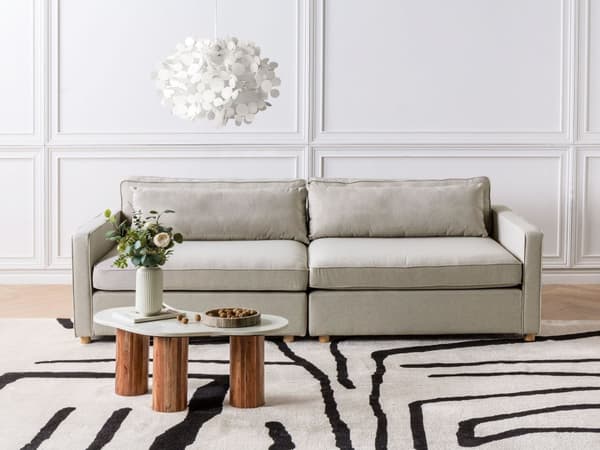 Soffa Beige Polyester Tyg 3-Sits Träben Armstöd Modern Stil Vardagsrum