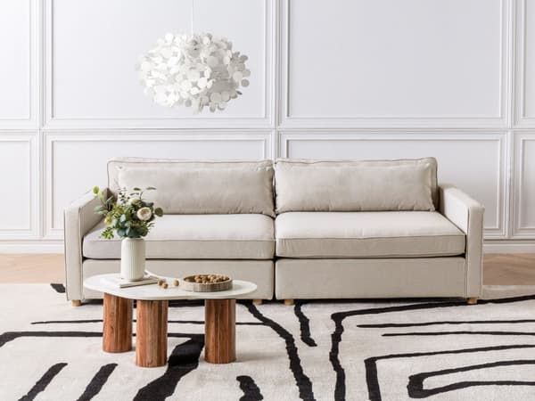 Soffa Beige Polyester Tyg 3-Sits Träben Armstöd Modern Stil Vardagsrum