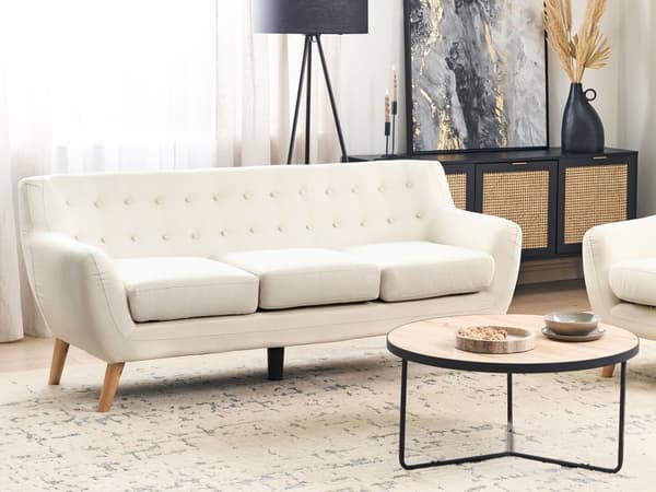 Soffa 3-sits Ljusbeige Stoppad Tuftad Ryggstöd Tjockt Vadderad Trä Ben Skandinavisk Minimalistisk Vardagsrum
