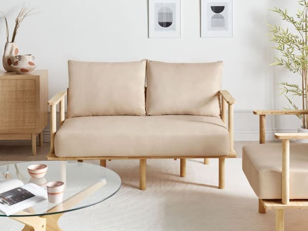 Soffa Beige Polyester Tygklädsel 2-sits Japandi Minimalistisk stil