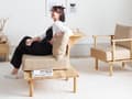 Miniatyrbild 4 av 11: Soffa Beige Polyestertyg Klädsel 2-sits med Fällbart Ryggstöd Bord Japandi Stil