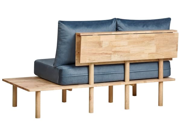 Soffa Mörkblå Polyestertyg Klädsel 2-sits med Fällbart Ryggstöd Bord Japandi Stil