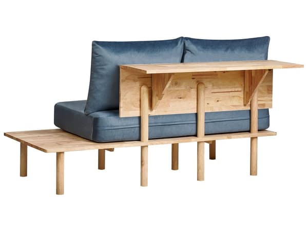 Soffa Mörkblå Polyestertyg Klädsel 2-sits med Fällbart Ryggstöd Bord Japandi Stil