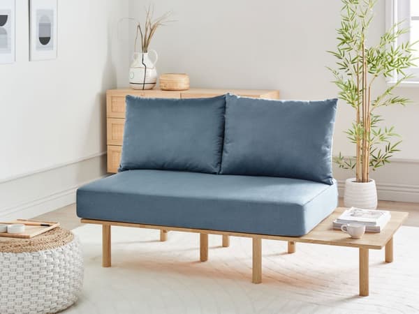 Soffa Mörkblå Polyestertyg Klädsel 2-sits med Fällbart Ryggstöd Bord Japandi Stil