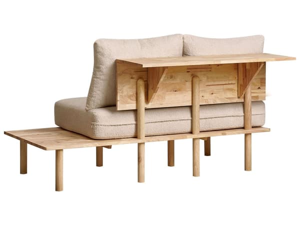 Sofa Beige Bouclé Stoff 2-seter med Sammenleggbart Ryggstøttebord Japandi-stil