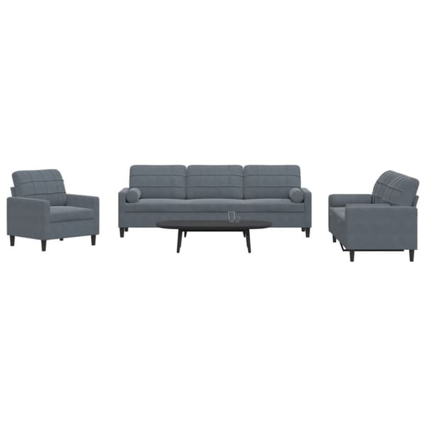 sofasæt 3 dele med hynder og bolsterpuder velour mørkegrå