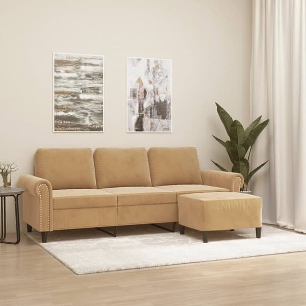 3-sitssoffa med fotpall brun 180 cm sammet