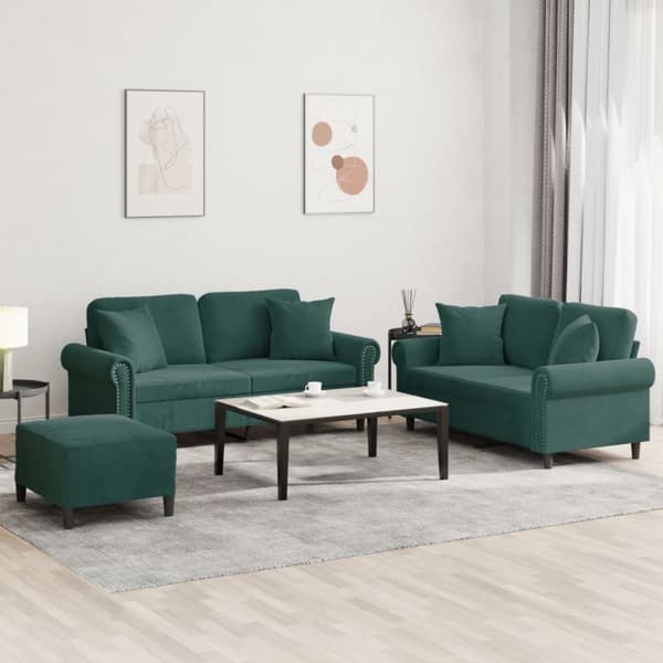 sofasæt 3 dele med puder velour mørkegrøn