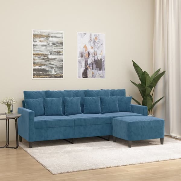 3-personers sofa med fodskammel 180 cm velour blå