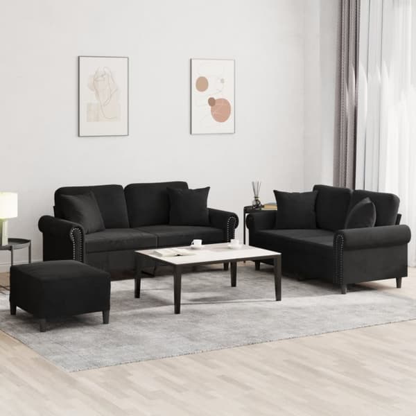 sofasæt 3 dele med puder velour sort