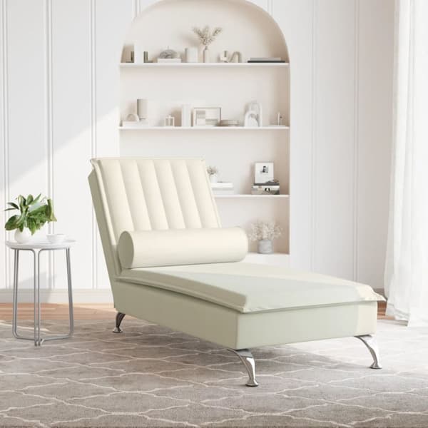 Massageschäslong med bolster gräddvit sammet