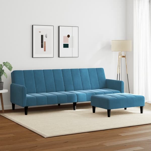 Bäddsoffa 2-sits med fotpall blå sammet