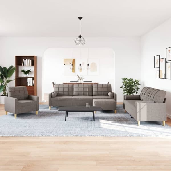 sofasæt 4 dele med fodskammel og pyntepuder stof gråbrun
