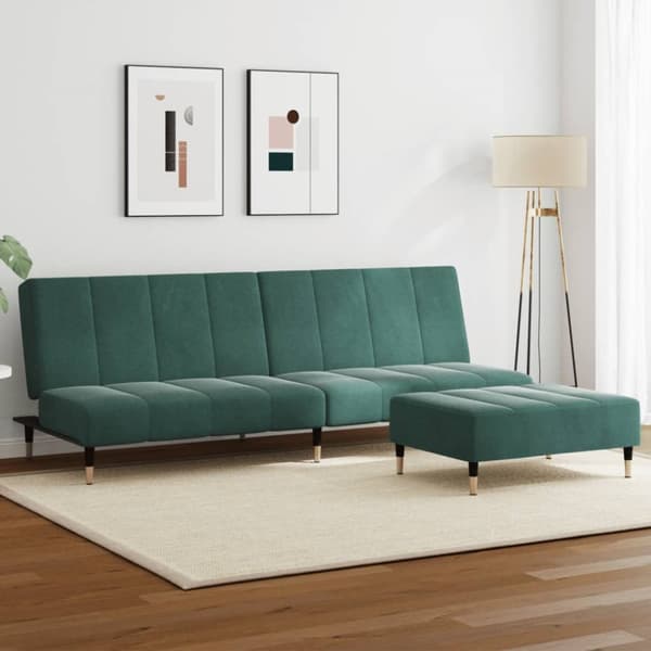 Bäddsoffa 2-sits med fotpall mörkgrön sammet