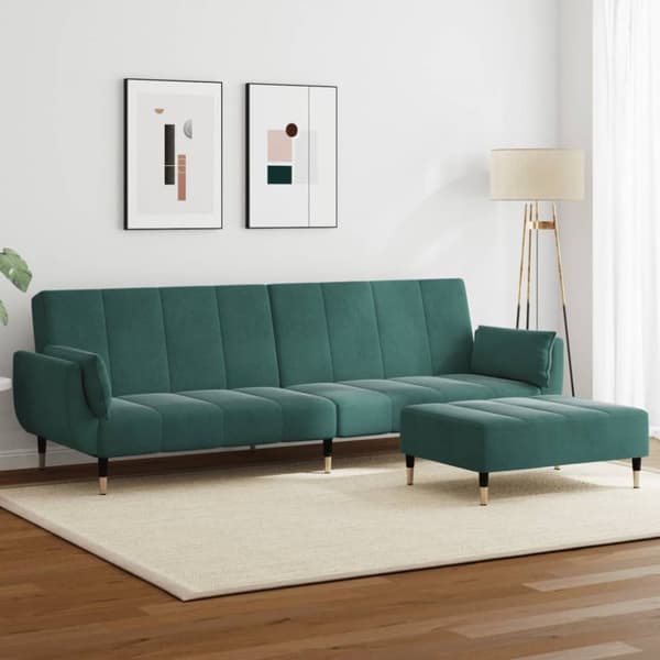 Bäddsoffa 2-sits med fotpall mörkgrön sammet