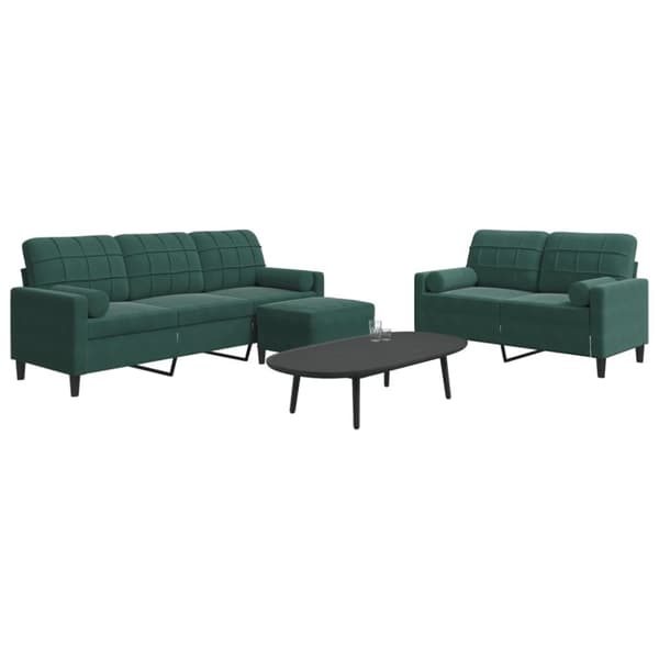 sofasæt 3 dele med hynder og bolsterpuder velour mørkegrøn