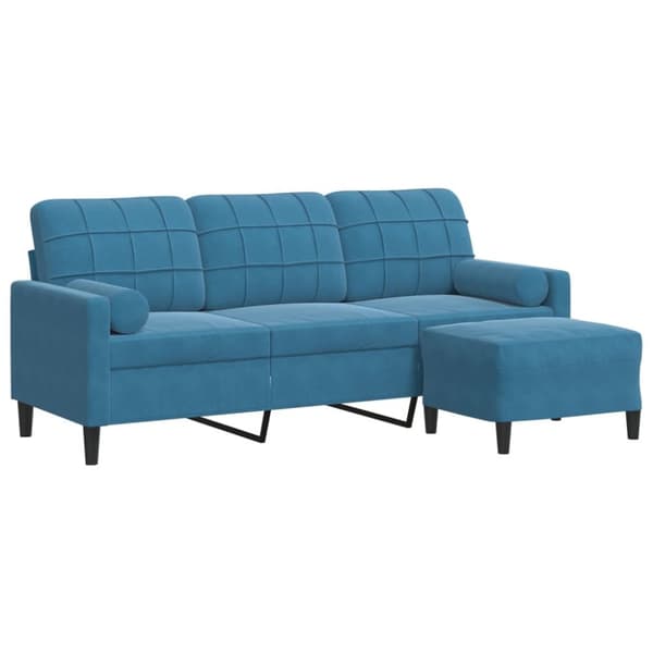 3-personers sofa med fodskammel 180 cm velour blå