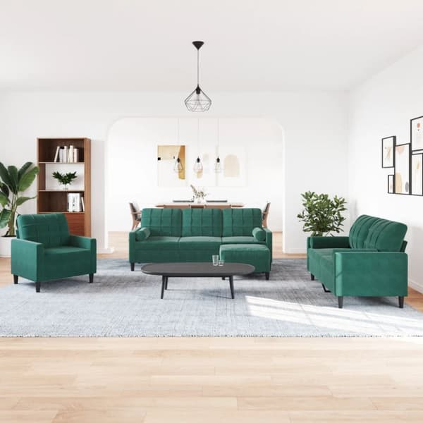 sofasæt 4 dele med hynder og bolsterpuder velour mørkegrøn