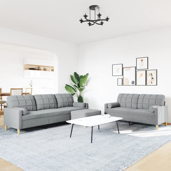 sofasæt 3 dele med fodskammel og pyntepuder stof lysegrå