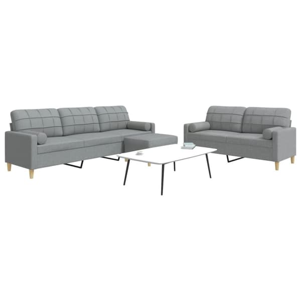 sofasæt 3 dele med fodskammel og pyntepuder stof lysegrå
