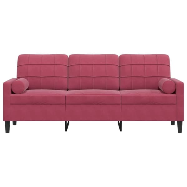 3-personers sofa med pyntepuder 180 cm velour vinrød