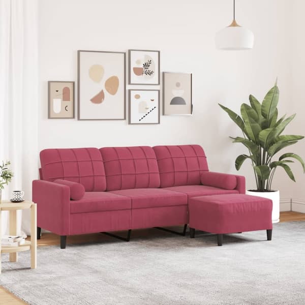 3-sitssoffa med fotstöd vinröd 180 cm sammet
