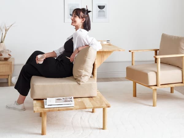 Sofa Beige Polyester Stoff Polstring 2-seter med Sammenleggbart Ryggstøtte Bord Japandi-stil