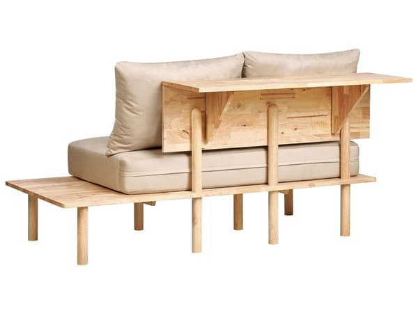 Sofa Beige Polyester Stoff Polstring 2-seter med Sammenleggbart Ryggstøtte Bord Japandi-stil