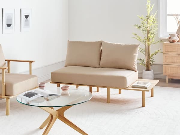 Sofa Beige Polyester Stoff Polstring 2-seter med Sammenleggbart Ryggstøtte Bord Japandi-stil