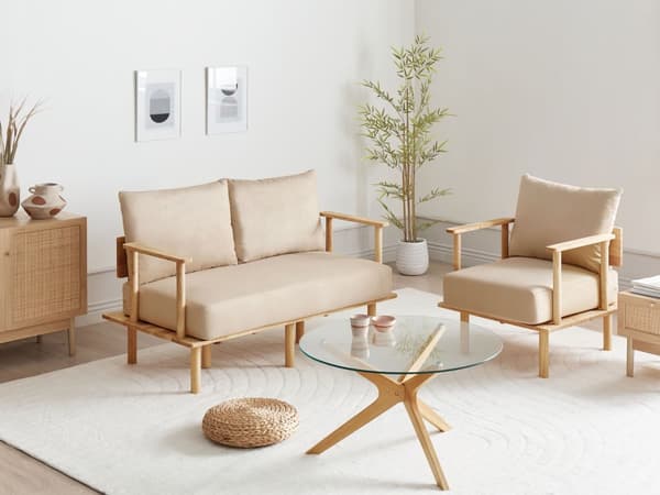 Stuesett Beige Stoff Treben Ramme 2-seter Sofa Lenestol Stue Retro stil